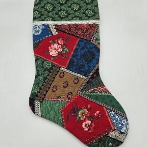 Vintage Handmade Patchwork Christmas Stocking Floral Lace Quilted Holiday Decor